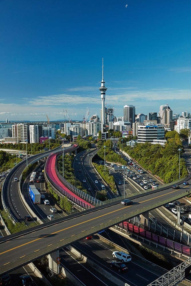 Motorways-Lightpath cycleway-and Skytower-Auckland-North Island-New Zealand